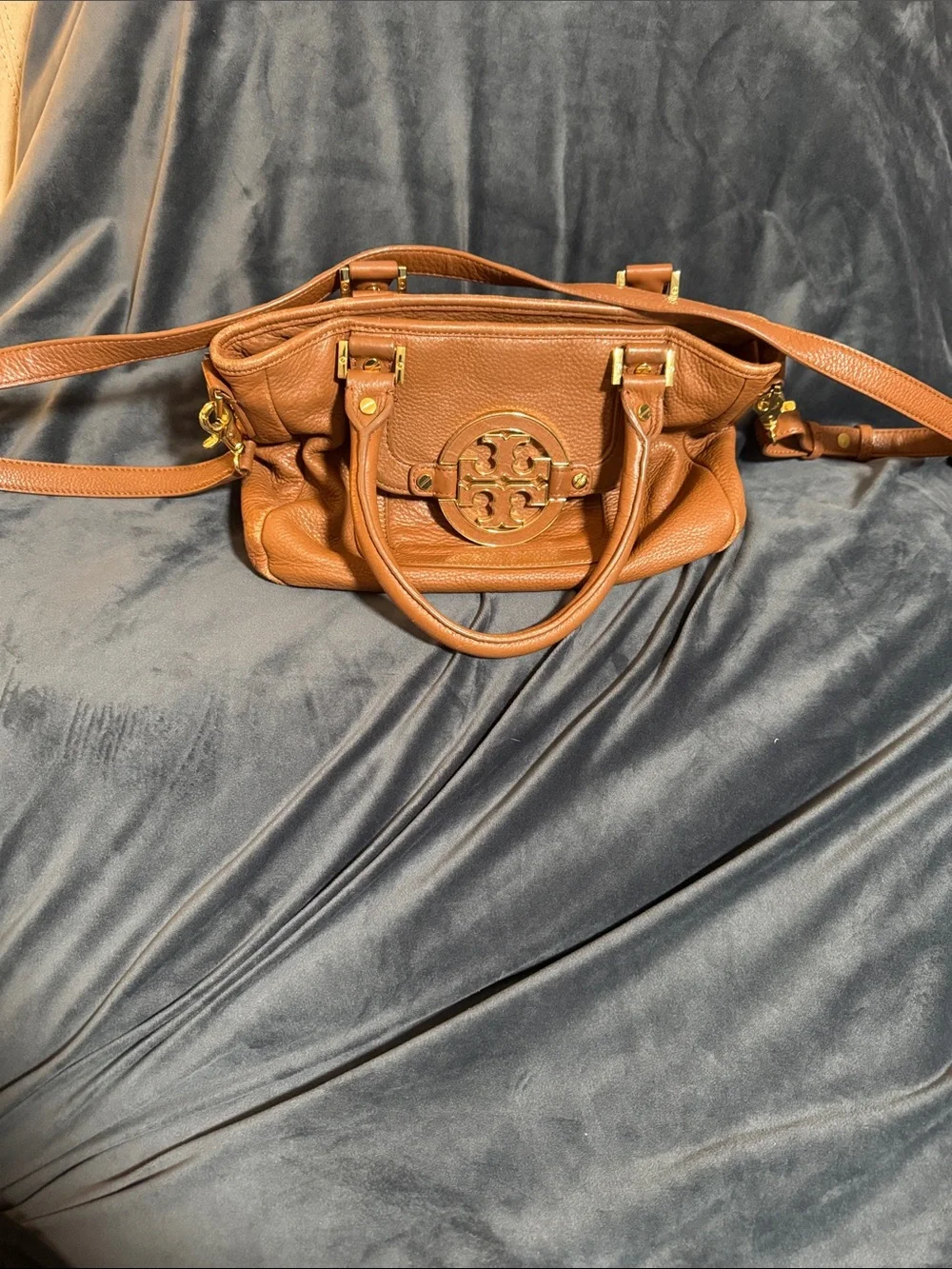 Tory Burch Cognac Pebbled Leather Shoulder Bag with Logo Medallion
